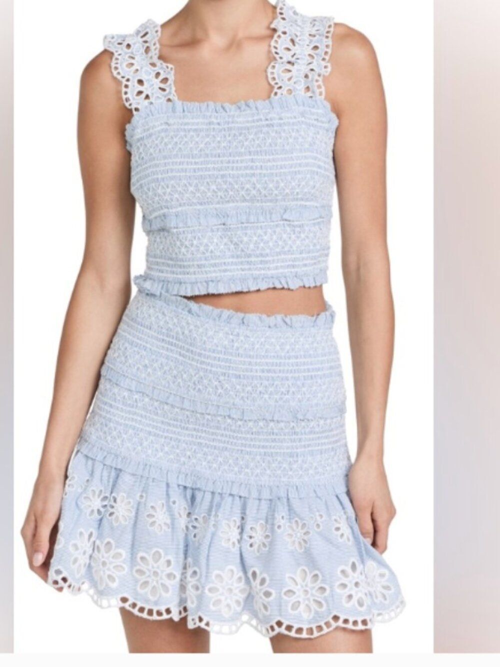 Saylor NYC Saskia Light blue, striped cotton crop top and matching mini skirt XS